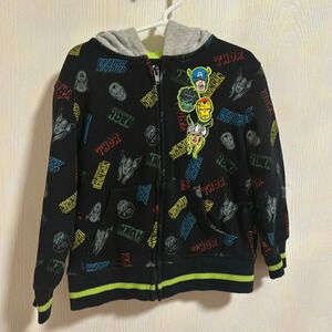 Marvel Boys Super Hero‎ Zip Up Hoodie Size 5 MARVEL on top of hood Thor Ironman